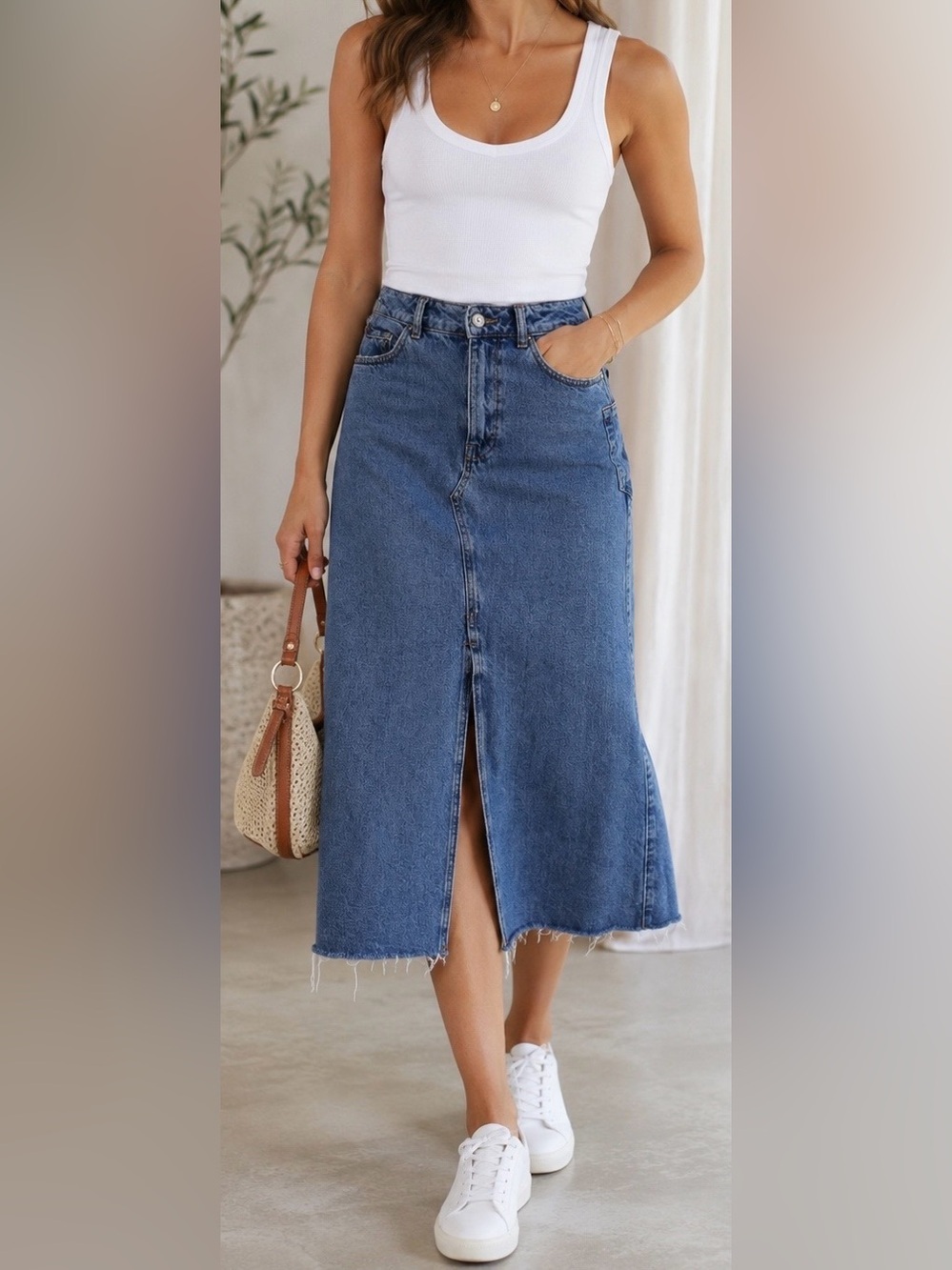 Zara Medium Wash Denim Midi Skirt with Slit - Size M